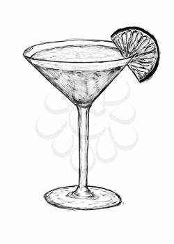 Black brush and ink artistic hand drawing of glass with cocktail drink and lime or lemon slice.
