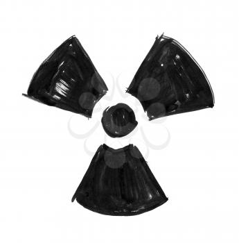 Black brush and ink artistic rough hand drawing of grunge nuclear radiation symbol.