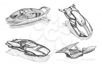 Set of black and white ink concept art drawings of hoover or flying cars or vehicles.