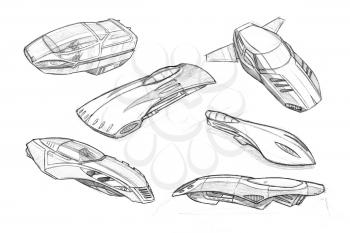 Set of black and white pencil concept art drawings of hoover or flying cars or vehicles.