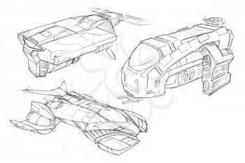 Black and white pencil concept art drawing of set of futuristic or sci-fi spaceships or spacecrafts.