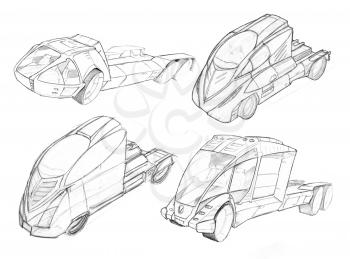 Black and white pencil concept art drawing of set of futuristic or sci-fi automotive truck designs.