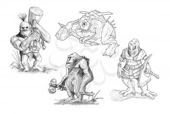 Set of black and white pencil or ink drawings of various fantasy monsters and creatures.