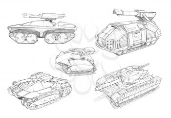 Black and white rough pencil concept art drawing of set of sci-fi future military tank designs.