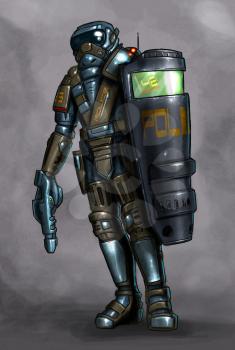 Concept art digital painting or illustration of science fiction or future policeman or police officer in ballistic armor and with shield and gun.