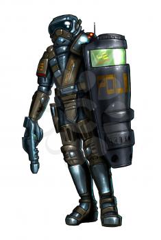 Concept art digital painting or illustration of science fiction or future policeman or police officer in ballistic armor and with shield and gun.