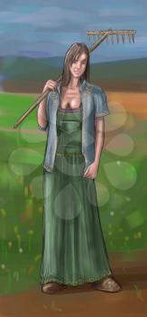 Concept art digital painting or illustration of fantasy beautiful young village woman or countrywoman or villager or farmer.