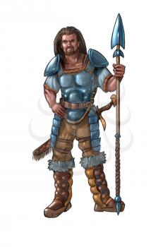 Concept art digital painting or illustration of fantasy warrior hunter in armor with spear and sword.