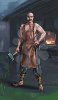 Concept art digital painting or illustration of fantasy smith or blacksmith holding hammer.