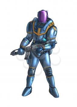 Concept art digital painting or illustration of science fiction futuristic military soldier character in armor or spacesuit holding rifle weapon.