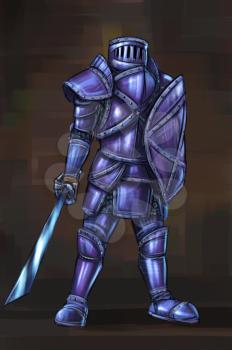 Concept art digital painting or illustration of fantasy warrior knight in full plate armor with sword and shield.