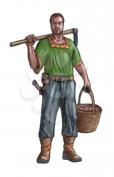 Concept art digital painting or illustration of fantasy villager, village man, countryman or farmer holding hoe and basket .