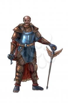 Concept art digital painting or illustration of one eye blind fantasy warrior knight in plate armor with sword.