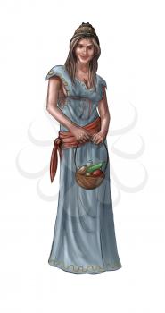 Concept art digital painting or illustration of fantasy beautiful young village woman or countrywoman or villager carrying small basket with fruit.