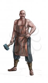 Concept art digital painting or illustration of fantasy smith or blacksmith holding hammer.