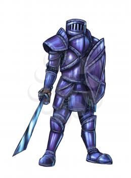 Concept art digital painting or illustration of fantasy warrior knight in full plate armor with sword and shield.