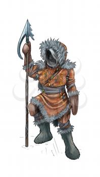 Concept art digital painting or illustration of fantasy warrior hunter in fur clothing with spear or harpoon.