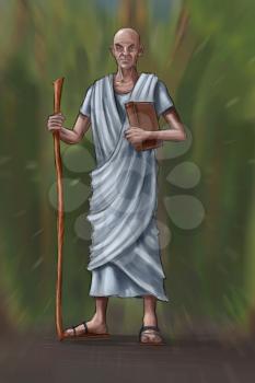 Concept art fantasy digital painting or illustration of old man or priest or philosopher with book and staff wearing white toga.