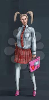 Concept art digital painting or illustration of beautiful young blonde woman in schoolgirl costume or clothing.