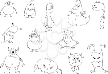 Vector black and white drawing illustration of set of cute funny Halloween monsters design. Coloring book for children.