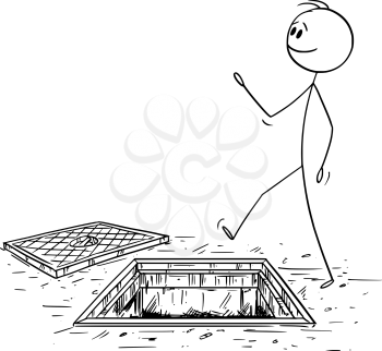 Vector cartoon stick figure drawing conceptual illustration of careless man or businessman walking on the street ignoring exposed manhole or hole on the ground. Business risk and fall concept.