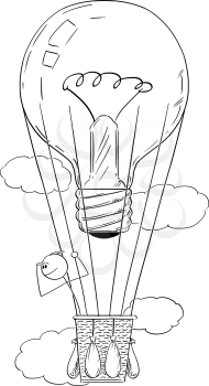 Vector cartoon stick figure drawing conceptual illustration of man or businessman flying on hot air balloon powered by light bulb as creativity or idea metaphor.