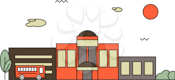 Bright flat illustration of school building and bus for back to school banner or poster design