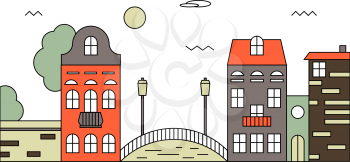 Flat design old street cityscape illustration with the bridge over the river