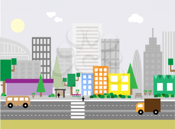 Flat design urban landscape illustration. Street with colorful  buildings and skyscrapers at the background