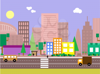 Flat design urban landscape illustration. Evening street with colorful  buildings and skyscrapers at the background