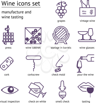 Wine violet icons collection. Modern outline style. Can be used for wine shop, wine company and club, for typographic purpose
