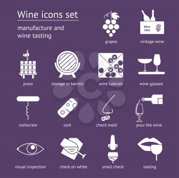 Wine icons collection on violet background. Modern outline style Can be used for wine shop, wine company and club, for typographic purpose