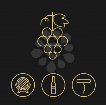 Wine gold icons collection on dark background. Modern outline style. Can be used for wine shop, wine company and club, for typographic purpose