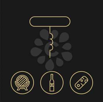Corkscrew and wine gold icons collection on dark background. Modern outline style. Can be used for wine shop, wine company and club, for typographic purpose
