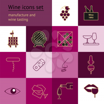 Wine icons collection . Modern outline style. Can be used for wine shop, wine company and club, for typographic purpose. Maroon, burgundy, vinous, purple, pink colors