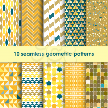 10 geometric seamless patterns set, yellow, blue, brown and orange vector backgrounds collection.
