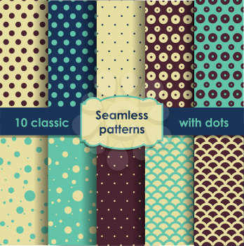 Set of retro seamless patterns with polka dots. Can be used as background, fabric print, scrapbooking etc.
