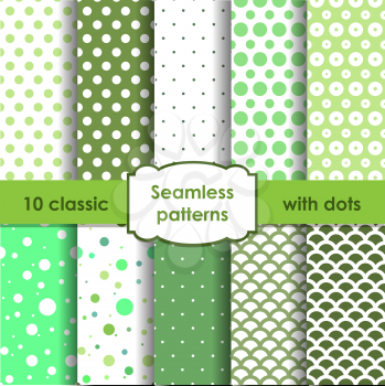 Set of classic mixed green seamless patterns with dots