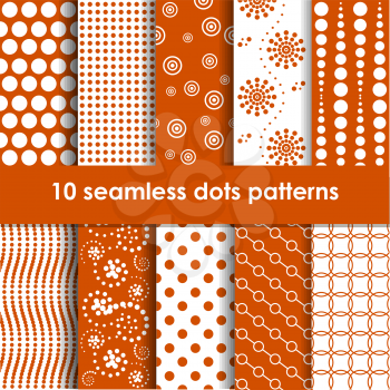 Set of orange and white seamless patterns with dots. EPS10