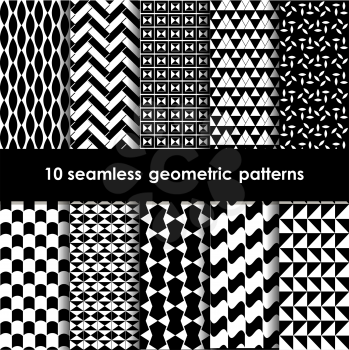 10 geometric seamless patterns set, black and white vector backgrounds collection.