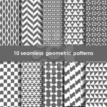 10 geometric seamless patterns set, grey and white vector backgrounds collection.