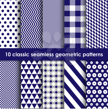 Geometric patterns seamless. Set of 10 blue classic patterns. May be used as background, backdrop, invitation card etc.
