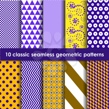 Geometric patterns seamless. Set of 10 yellow-lilac classic patterns. May be used as background, backdrop, invitation card etc.