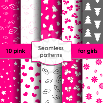 Set of seamless patterns and backgrounds for girls . Ideal for printing onto fabric and paper or scrap booking.