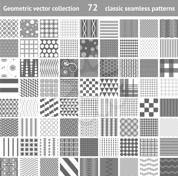 72 classic geometric seamless patterns set. Polka dots, stripe, checkered, geometric traditional patterns collection. Can be used for scrapbooking, web site background, greeting card template etc.