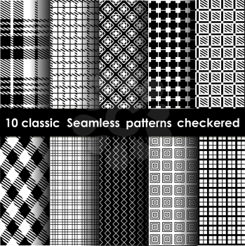 Set of 10 classic seamless checkered patterns. White and black colors