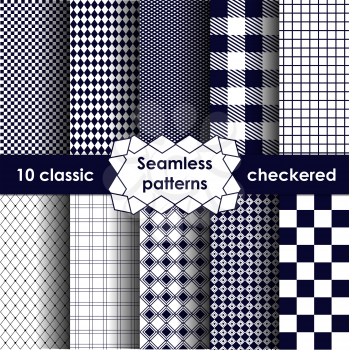 Set of checkered simple fabric seamless pattern in blue and white. 10 classic ornaments