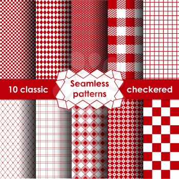 Set of checkered simple red fabric seamless pattern. 10 classic ornaments