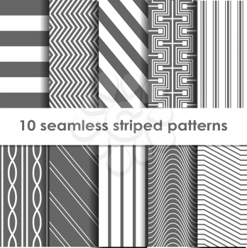 10 Seamless striped vector patterns, white and grey texture.