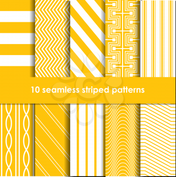 10 Seamless striped vector patterns, white and yellow textures